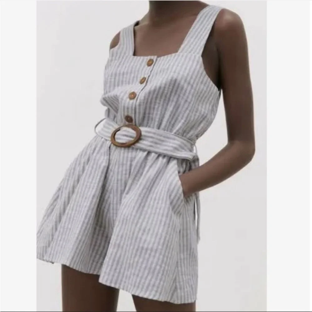Zara linen blend white & blue striped belted romper jumpsuit NEW